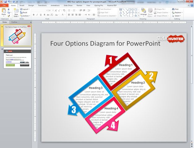 Four Options Diagram for PowerPoint Simple four step diagram created with PowerPoint and shapes using different colors, styles and arrows in different directions