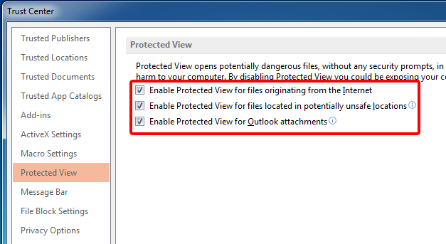 microsoft excel protected view disable